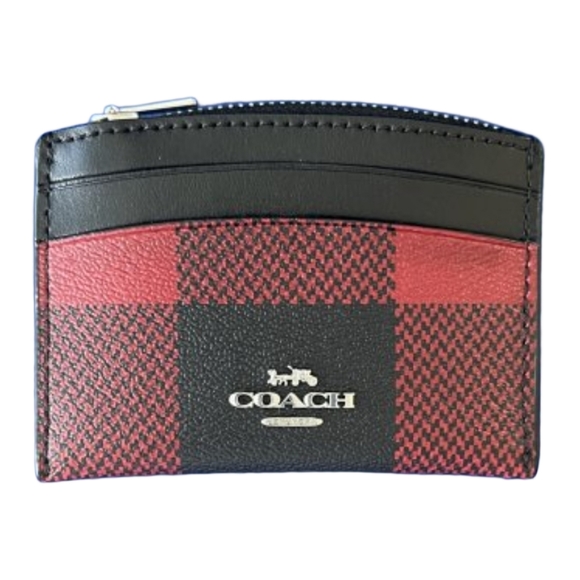 COACH SHAPED CARD CASE WITH BUFFALO PLAID PRINT RED & BLACK - Picture 2 of 2